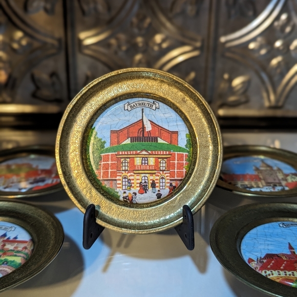 Vintage Brass Painted Porcelain German Coasters/Miniature Collectable Plates. - Picture 2 of 7